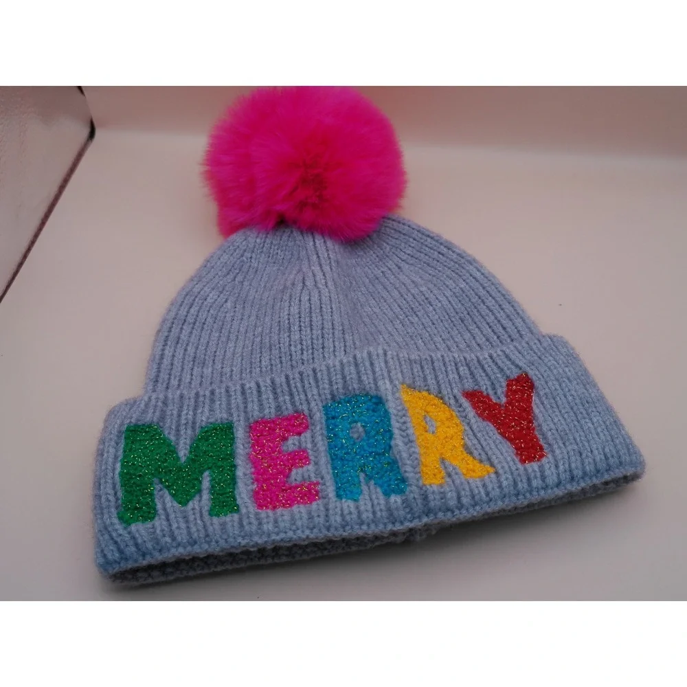 Shiraleah Chicago Kids Merry Beanie Grey Multicolor Pom Winter Hat NWT OSFM